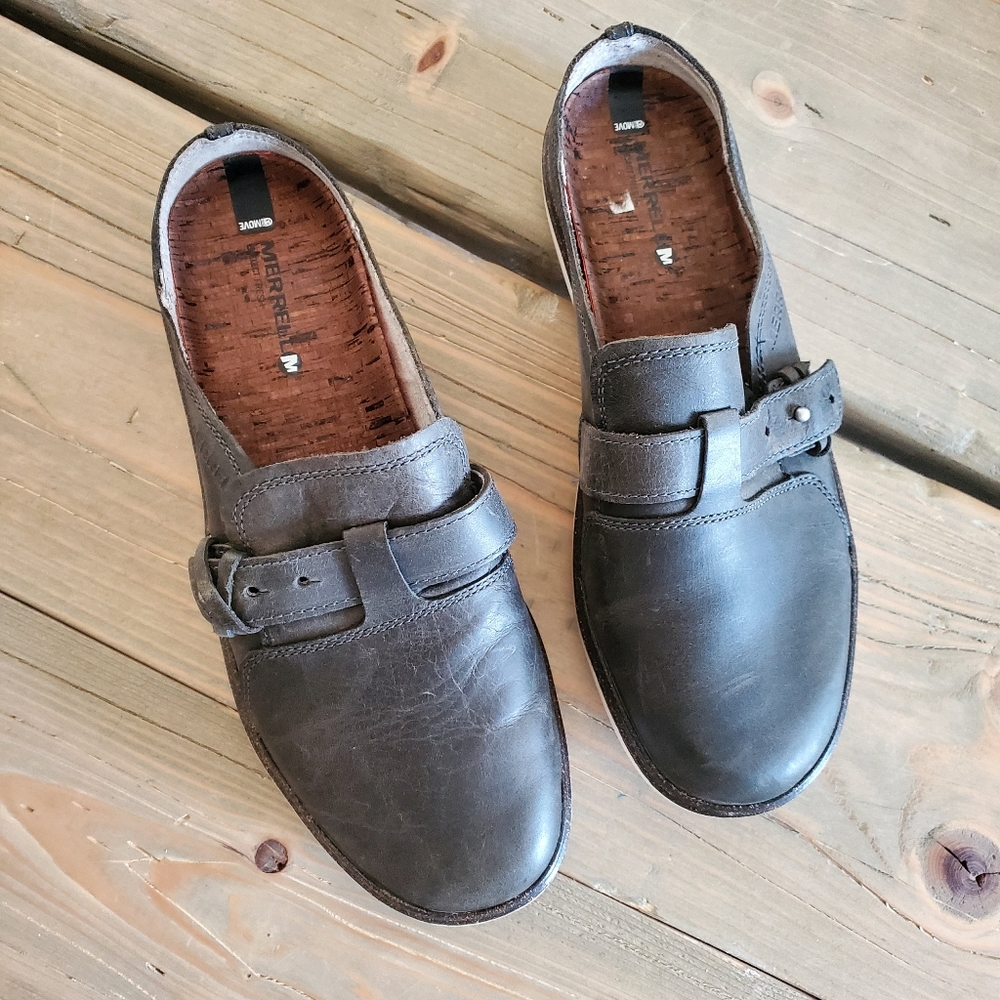 Merrell Clogs Women Shoes 7.5 Slip on Flat Black Leather Everyday casual